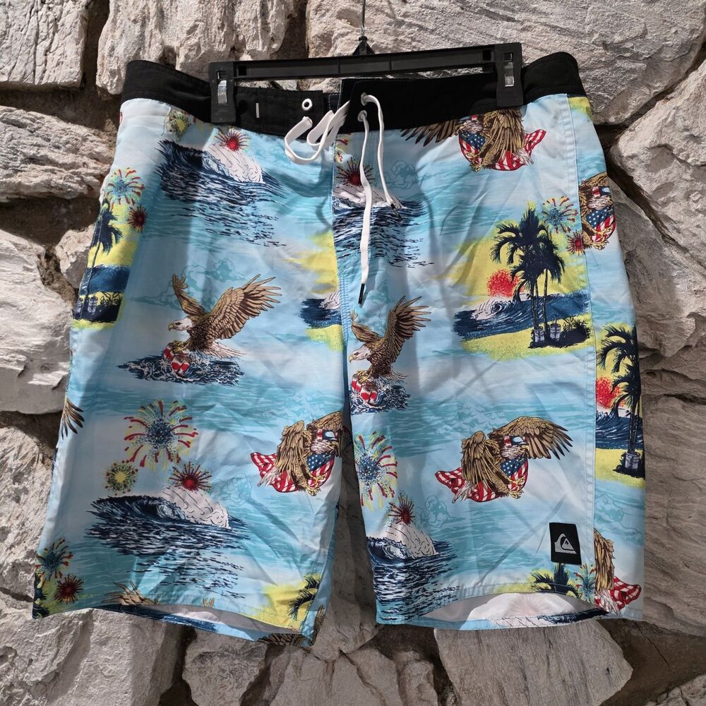 Quicksilver Swim Board Shorts Mens 34 American Flag July 4th USA Beer Eagle
